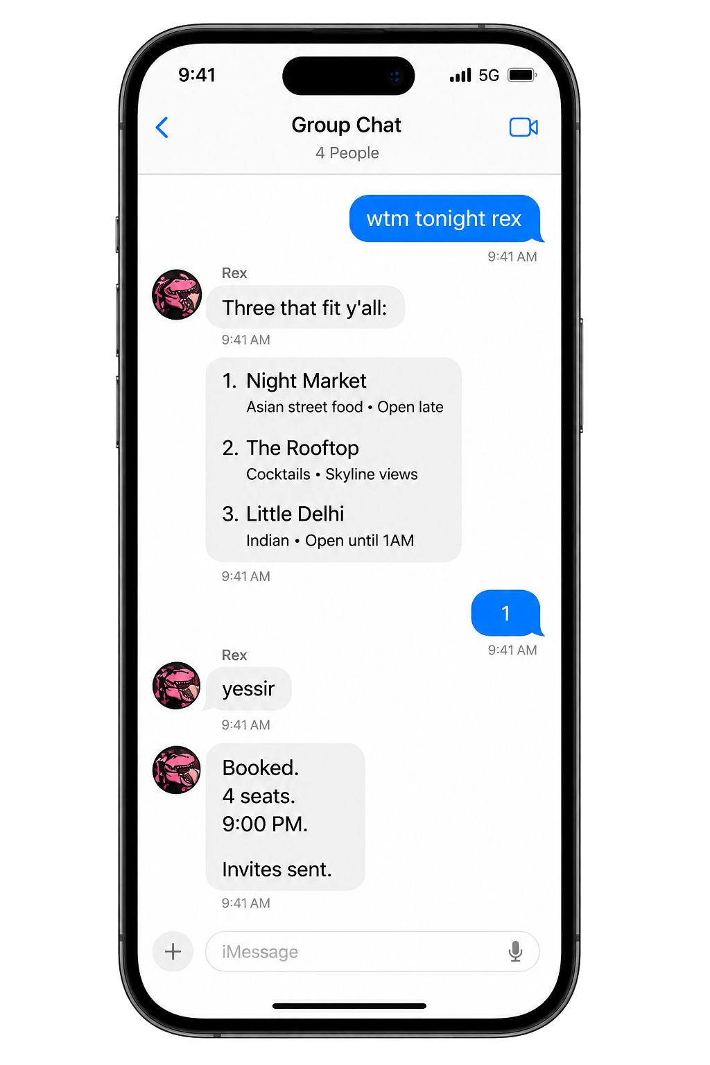 Rex iMessage mockup